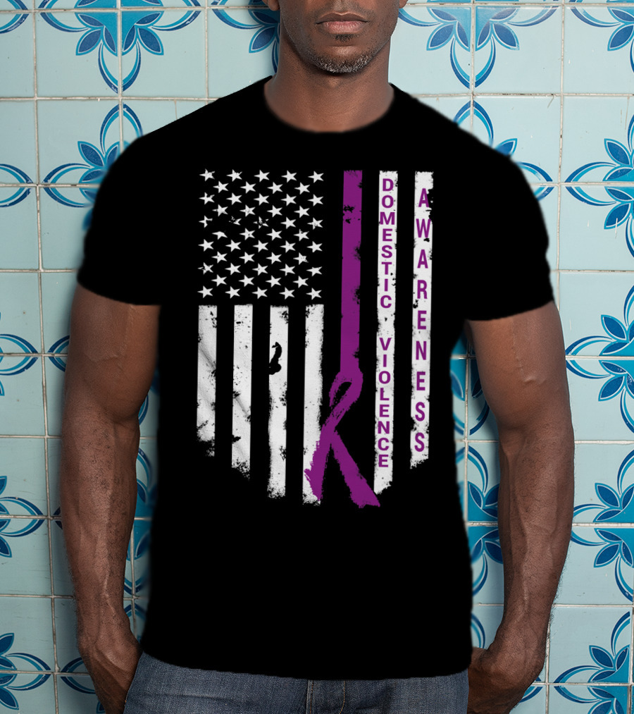 Domestic Violence Awareness Purple Ribbon American Flag T-Shirt