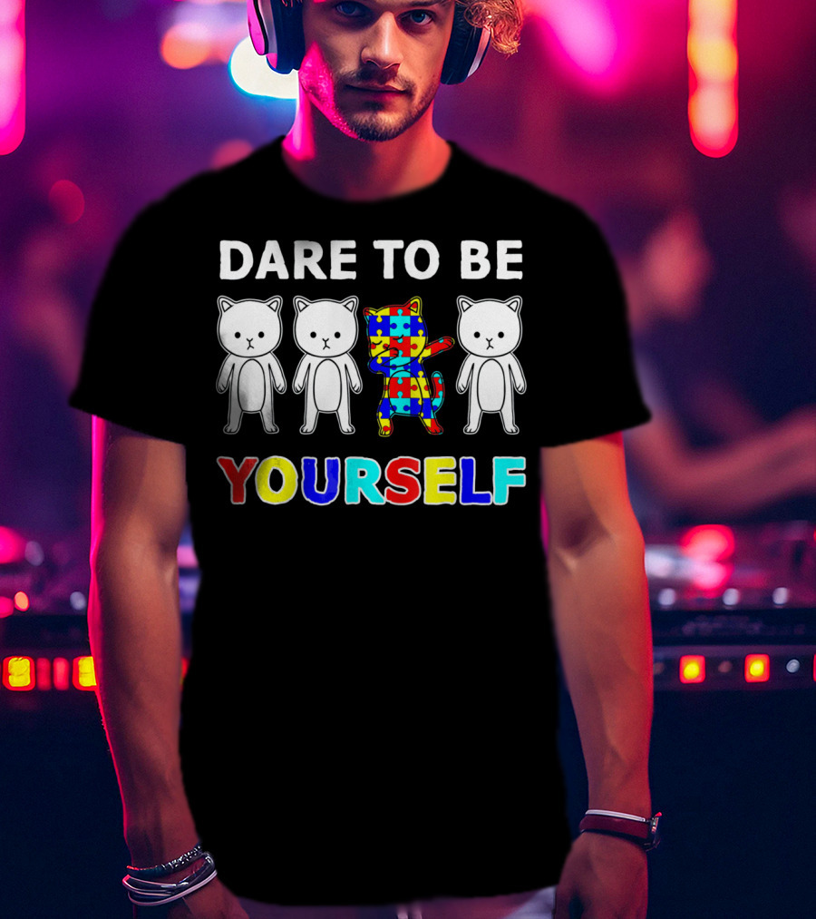 Dare To Be Yourself Cat Dabbing Autism Puzzle T-Shirt