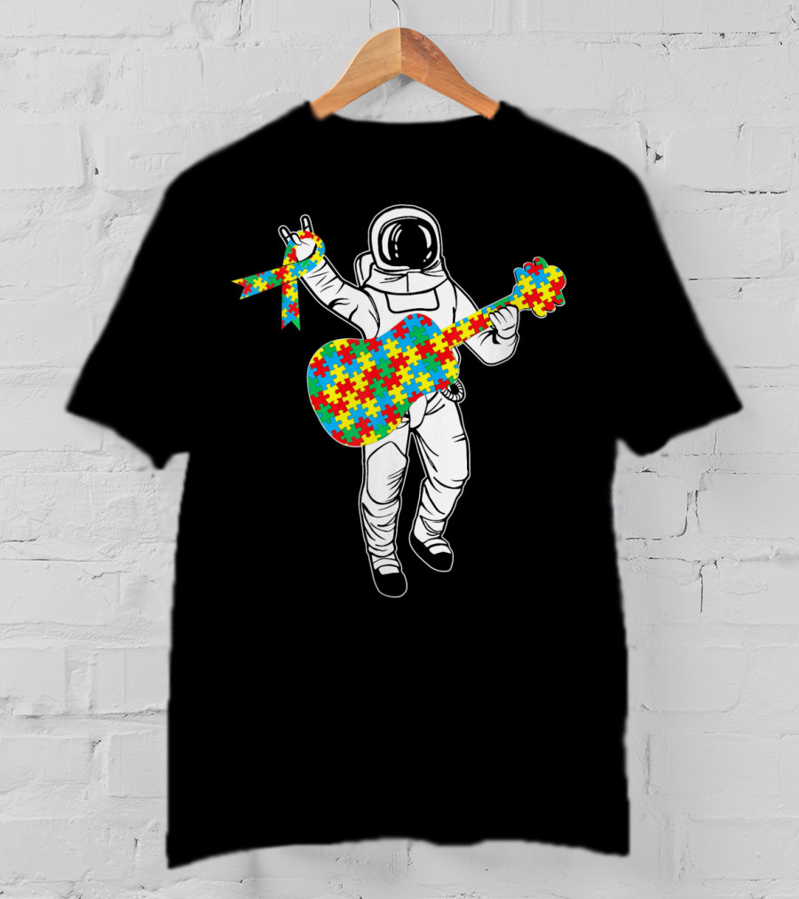 Astronaut Playing Guitar Autism Awareness Puzzle Ribbon Space T-Shirt