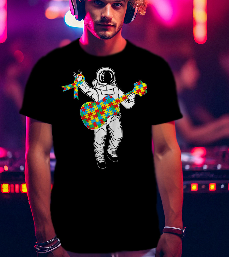 Astronaut Playing Guitar Autism Awareness Puzzle Ribbon Space T-Shirt