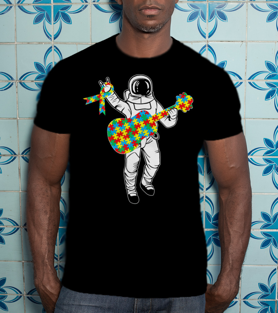 Astronaut Playing Guitar Autism Awareness Puzzle Ribbon Space T-Shirt