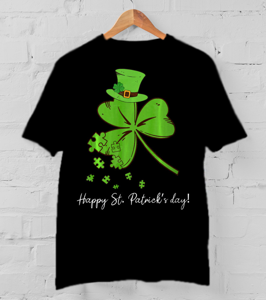 Happy St. Patrick's Day Puzzle Shamrock With Leprechaun Hat T-Shirt