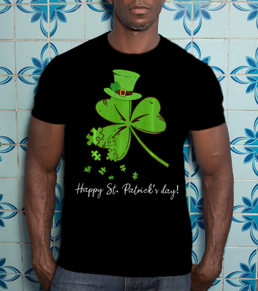 Happy St. Patrick's Day Puzzle Shamrock With Leprechaun Hat T-Shirt