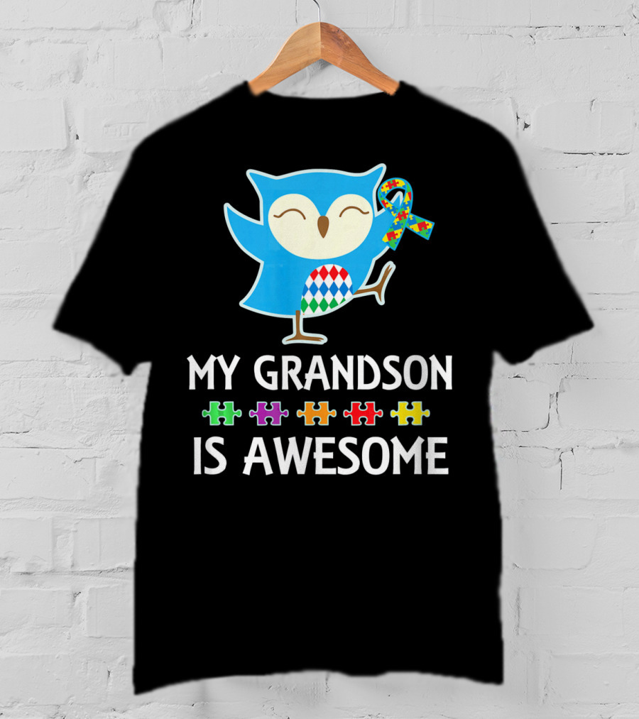 Autism Awareness My Grandson Is Awesome Owl Puzzle T-Shirt