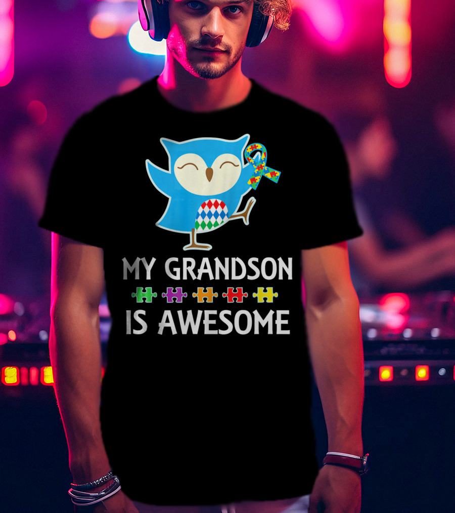 Autism Awareness My Grandson Is Awesome Owl Puzzle T-Shirt