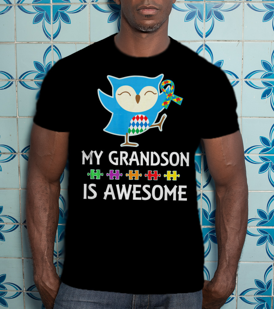 Autism Awareness My Grandson Is Awesome Owl Puzzle T-Shirt