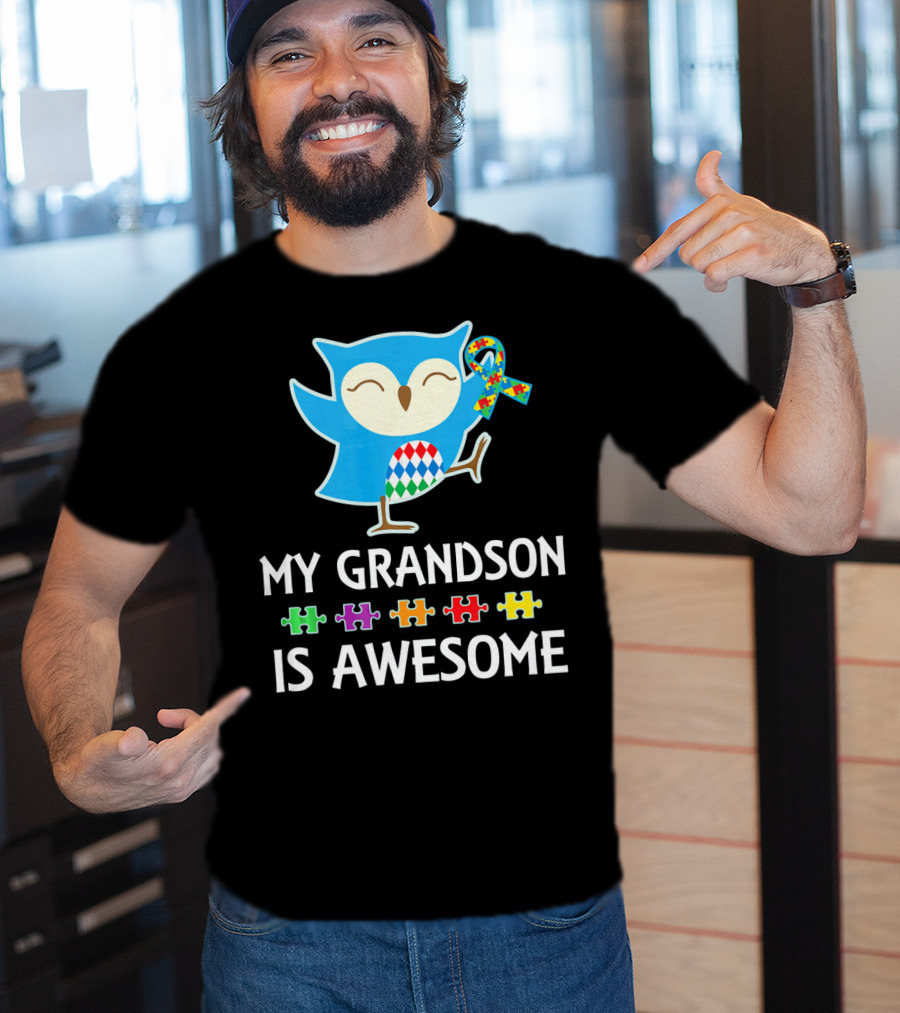 Autism Awareness My Grandson Is Awesome Owl Puzzle T-Shirt