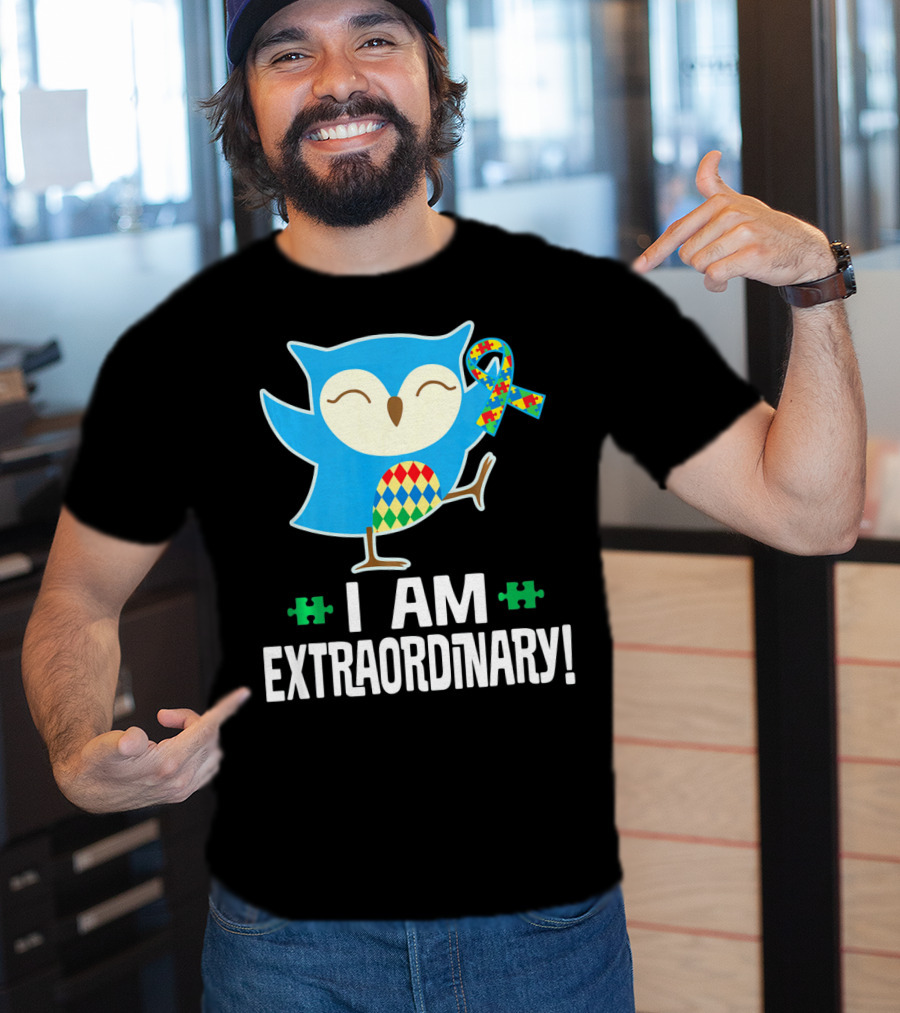 I Am Extraordinary Autism Awareness Autistic Spectrum Disor Puzzle Ribbon Owl T-Shirt