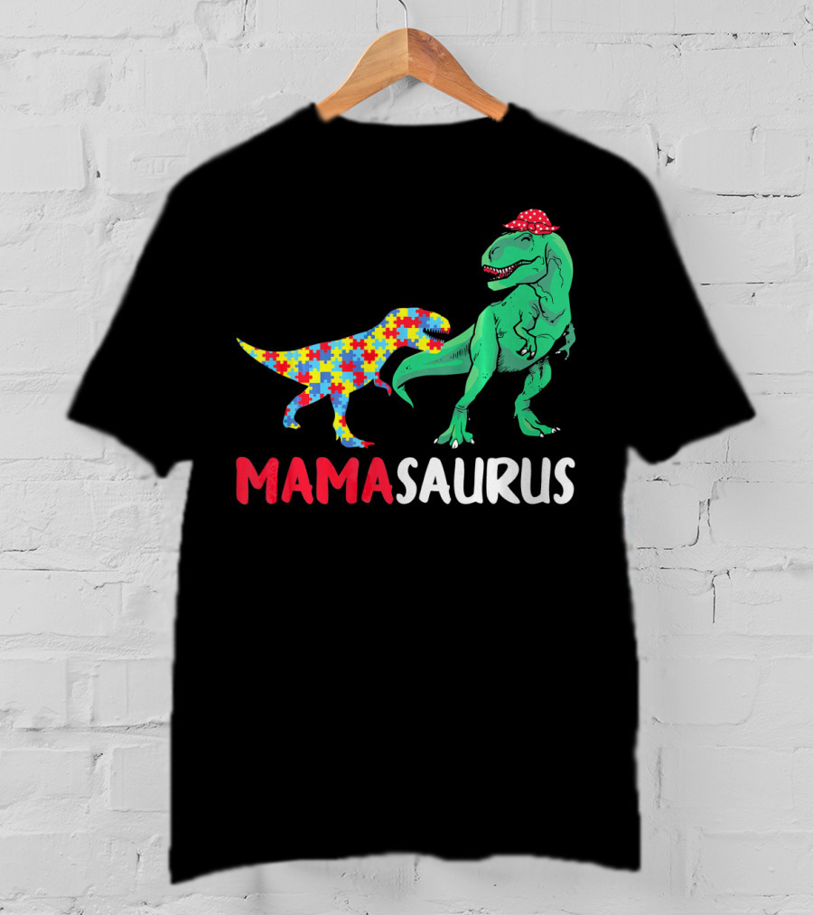 Mamasaurus Mama Dinosaur Puzzle Pattern Autism Awareness T-Shirt