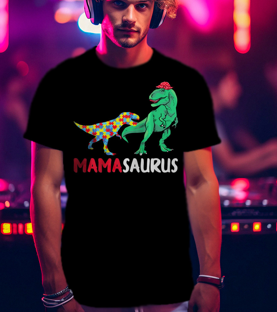 Mamasaurus Mama Dinosaur Puzzle Pattern Autism Awareness T-Shirt