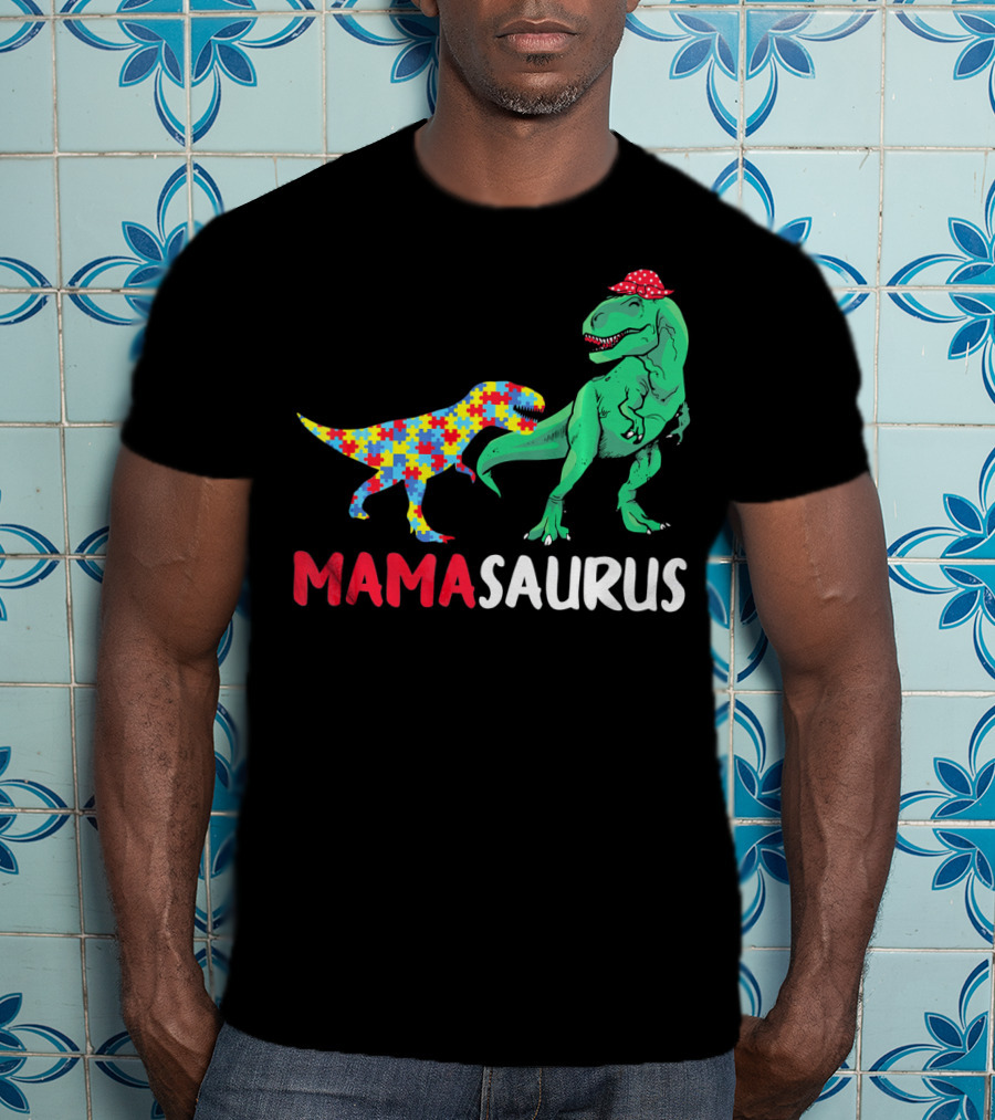 Mamasaurus Mama Dinosaur Puzzle Pattern Autism Awareness T-Shirt