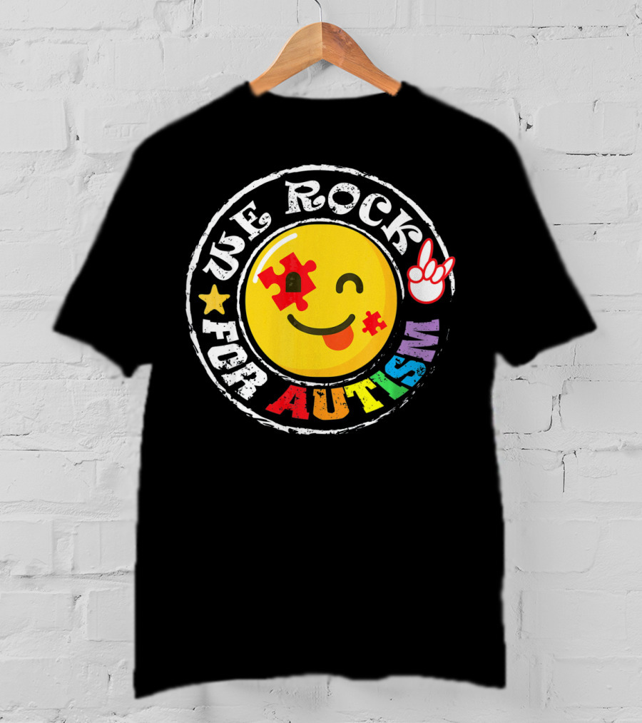 We Rock For Autism Puzzle Face Emoji With Hand Sign T-Shirt