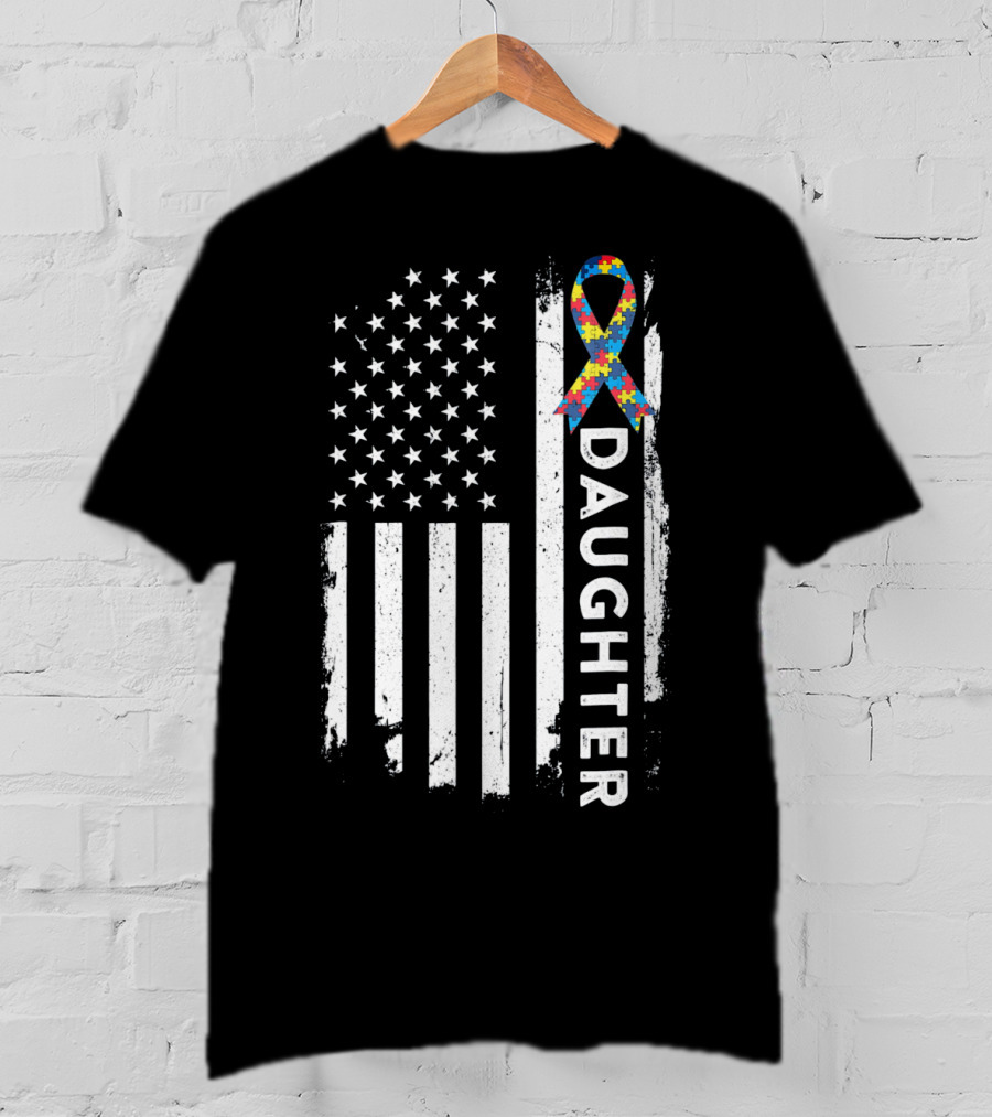 Daughter Autism Awareness American Flag Puzzle T-Shirt