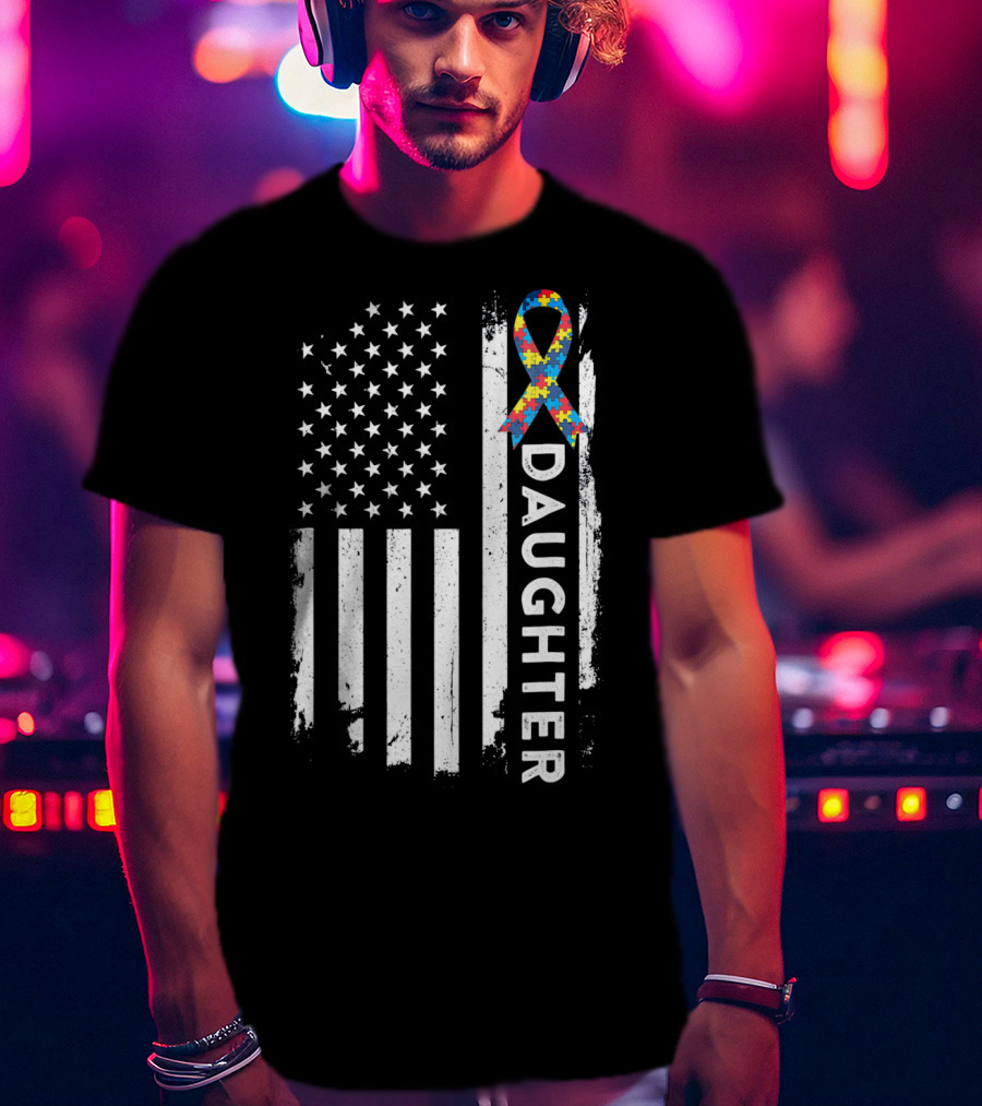 Daughter Autism Awareness American Flag Puzzle T-Shirt