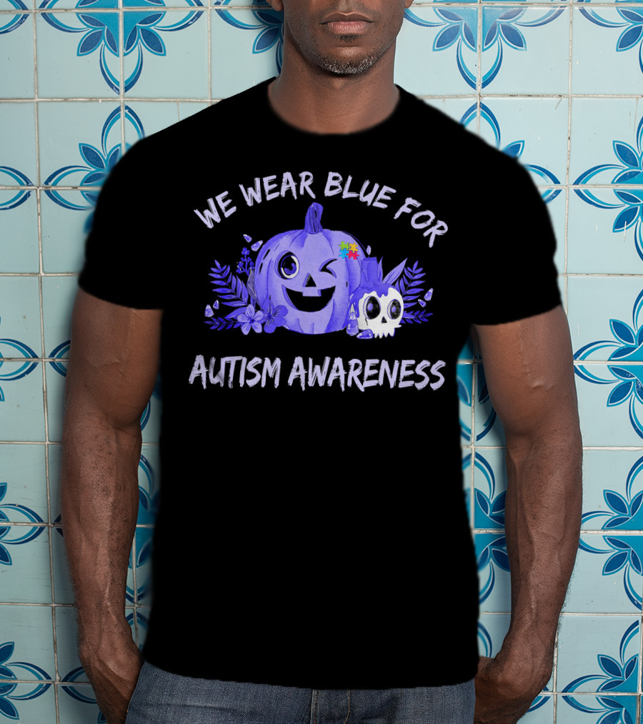We Wear Blue For Autism Awareness Pumpkin Winking Face T-Shirt