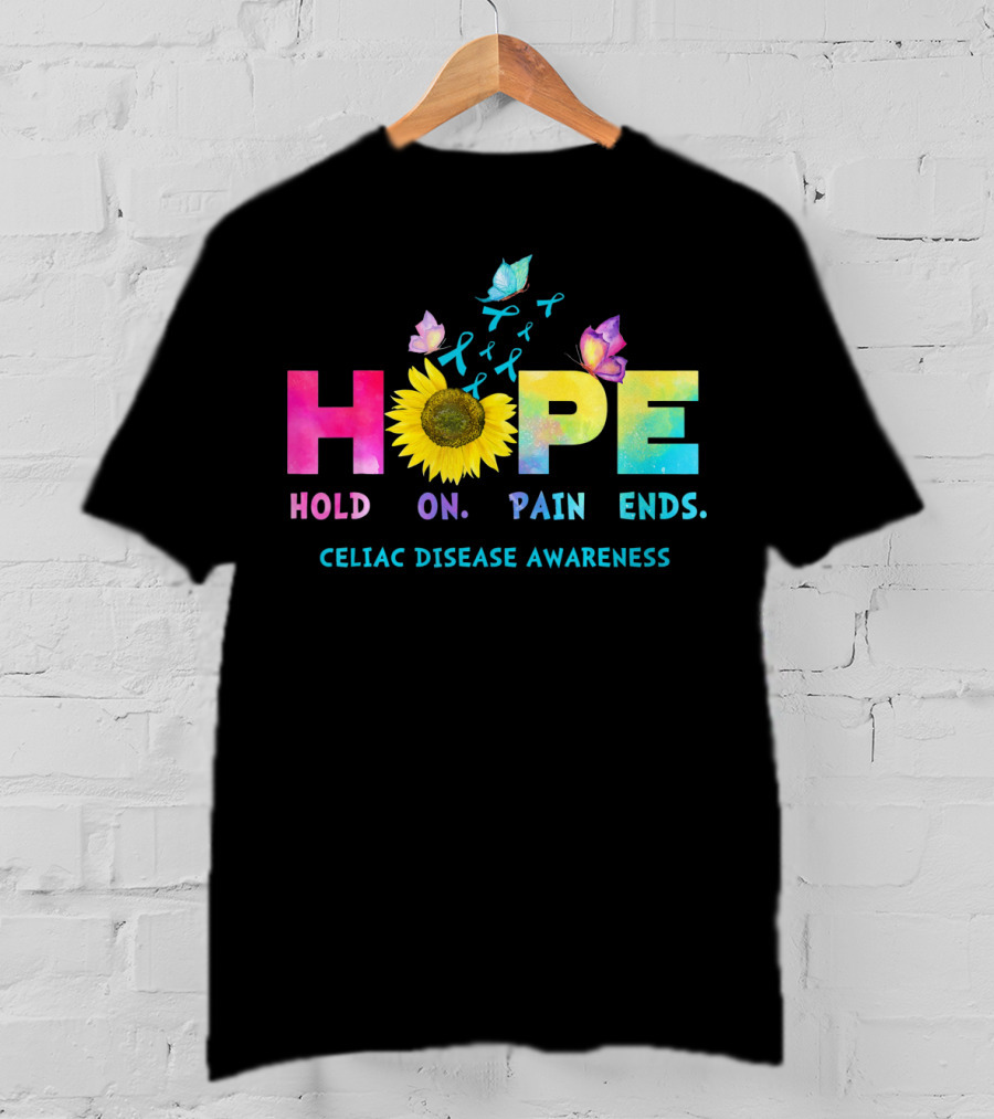 HOPE Hold On Pain Ends Celiac Disease Awareness Ribbon Sunflower Butterfly T-Shirt