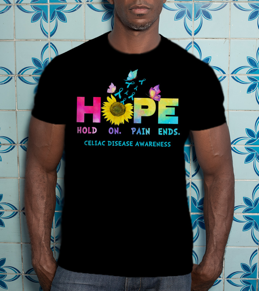 HOPE Hold On Pain Ends Celiac Disease Awareness Ribbon Sunflower Butterfly T-Shirt