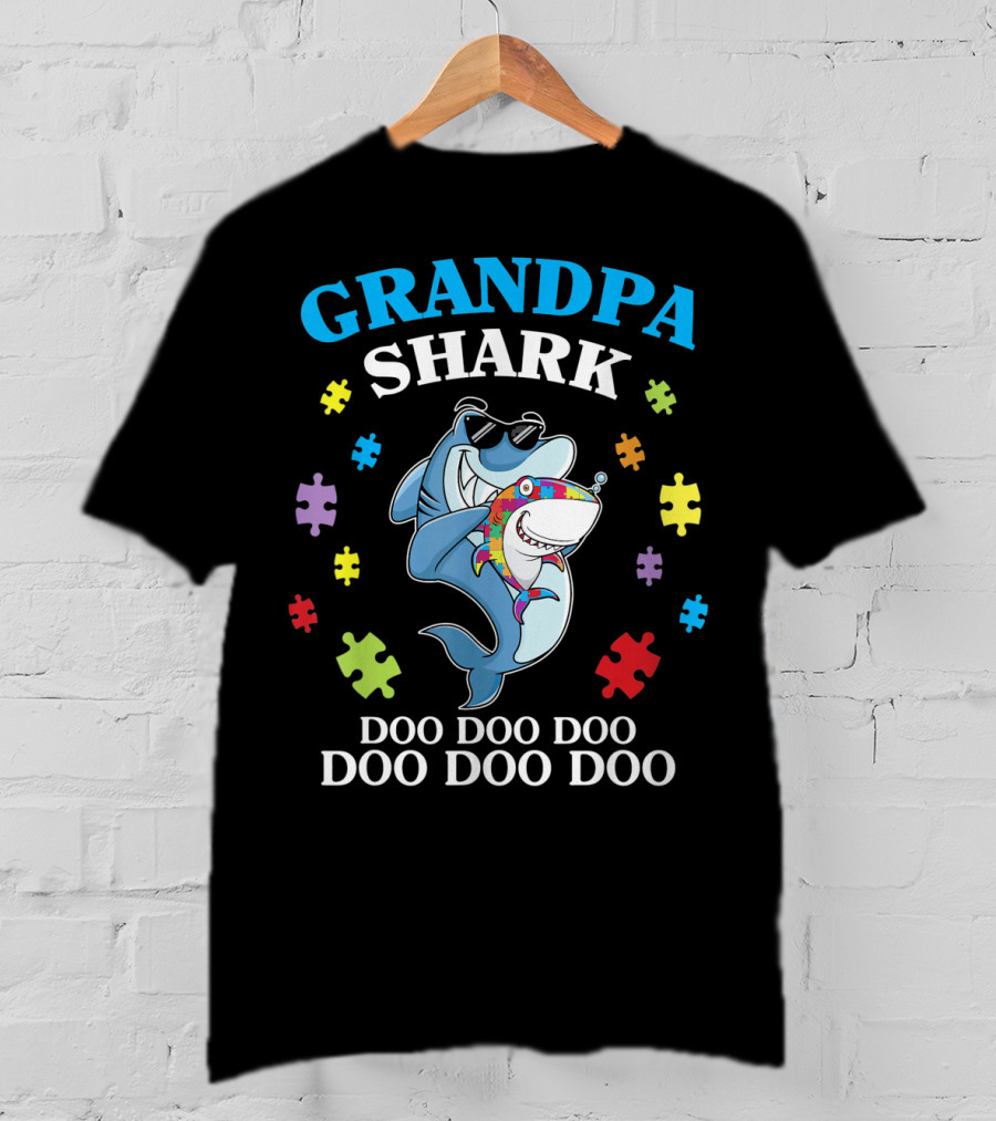 Grandpa Shark Doo Doo Doo Doo Funny Autism Puzzle Pieces T-Shirt