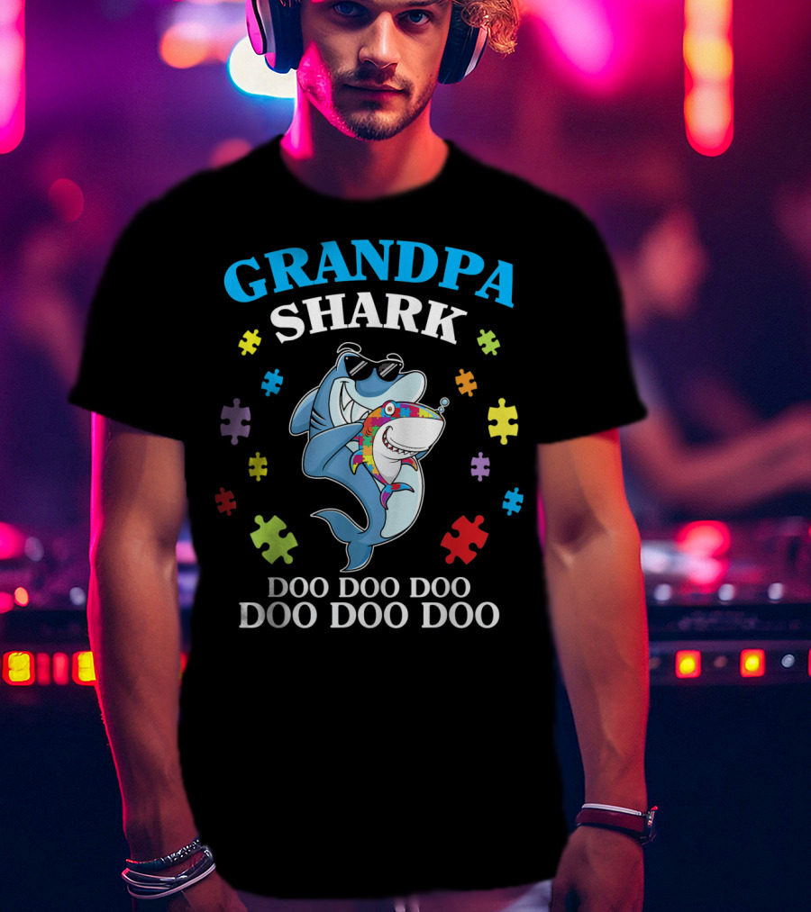 Grandpa Shark Doo Doo Doo Doo Funny Autism Puzzle Pieces T-Shirt