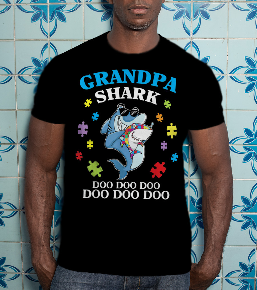 Grandpa Shark Doo Doo Doo Doo Funny Autism Puzzle Pieces T-Shirt