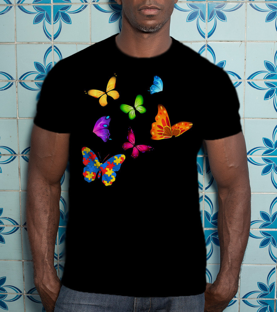 Autism Awareness Butterfly With Multicolored Puzzle T-Shirt