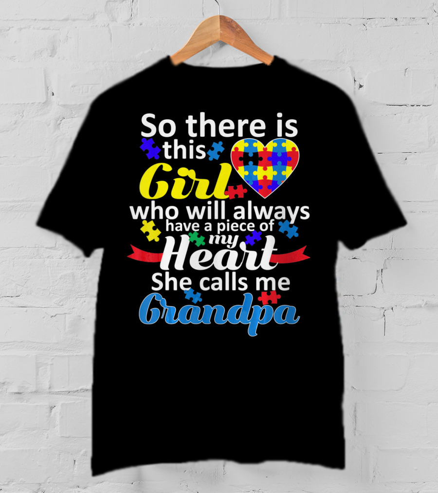 Autism Awareness Puzzle Heart Girl Grandpa T-Shirt