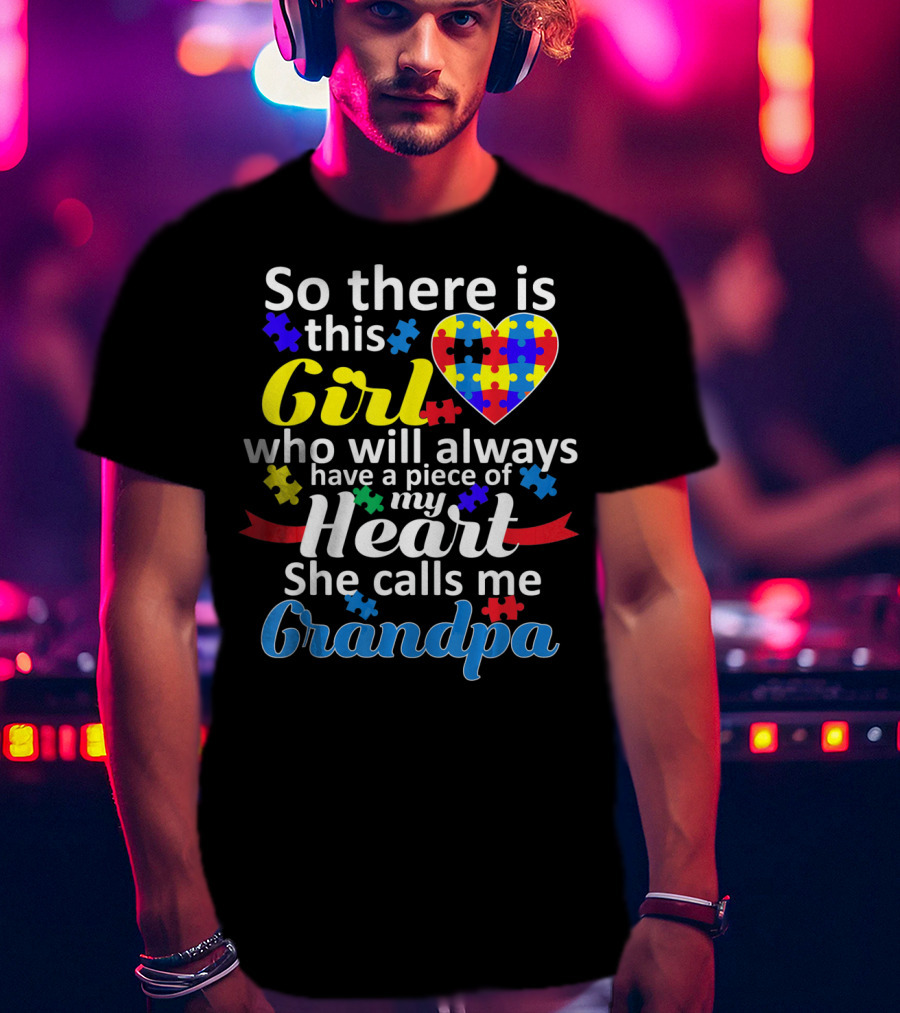 Autism Awareness Puzzle Heart Girl Grandpa T-Shirt