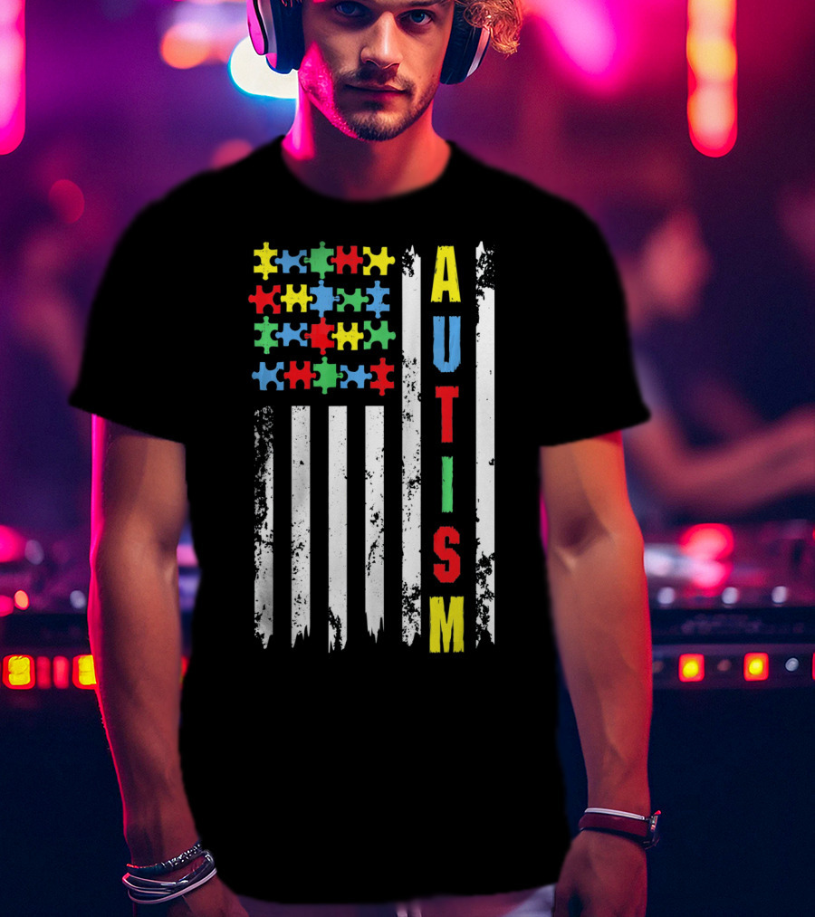 Autism Puzzle Piece Flag Fourth Of July Awareness T-Shirt