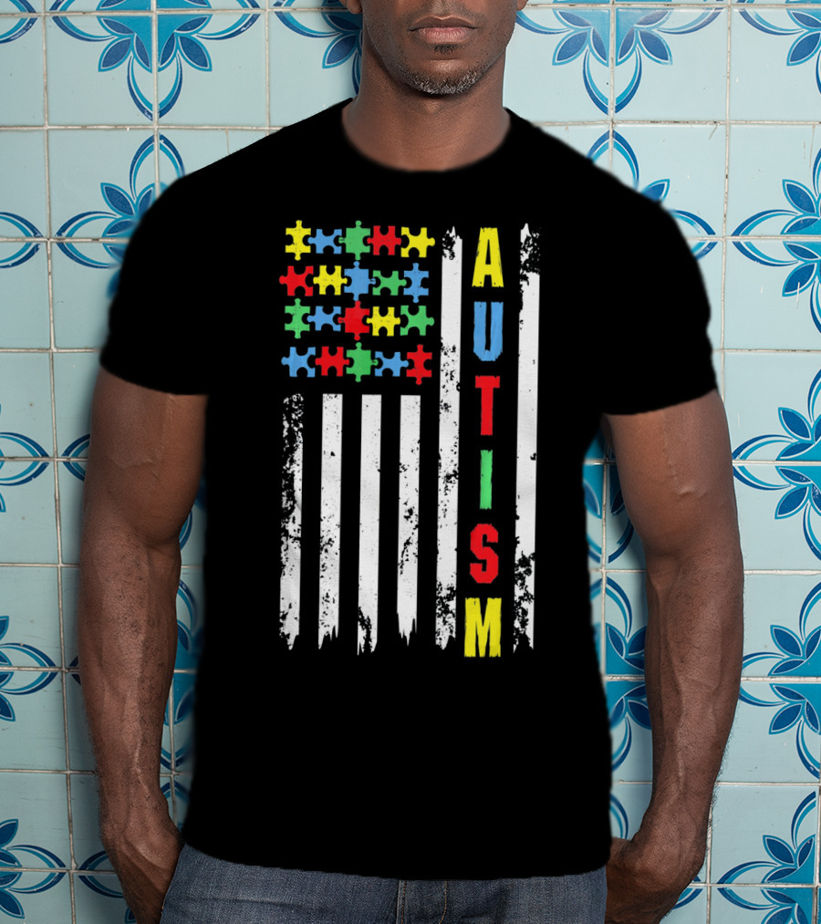Autism Puzzle Piece Flag Fourth Of July Awareness T-Shirt