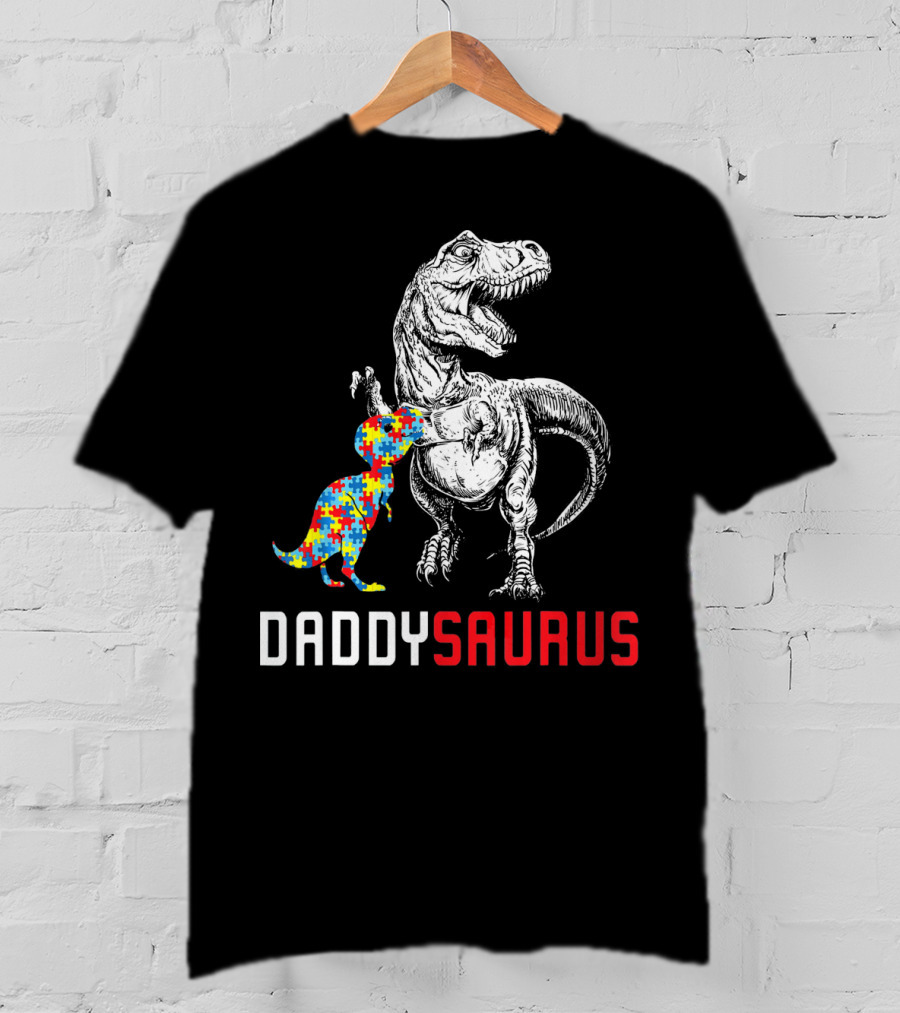 Daddysaurus Dinosaur With Colorful Puzzle Autism Awareness Dad T-Shirt