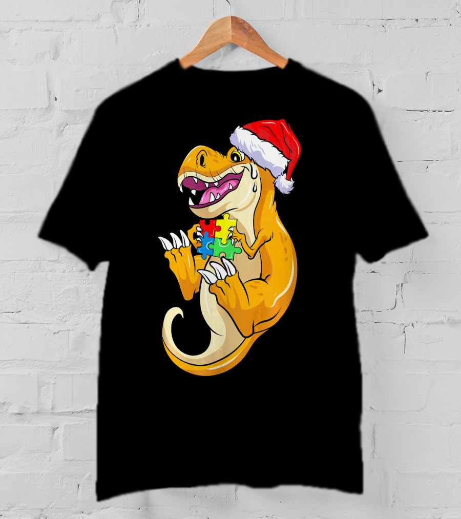 Christmas Autism Awareness Dinosaur Santa Hat Puzzle Pieces T-Shirt
