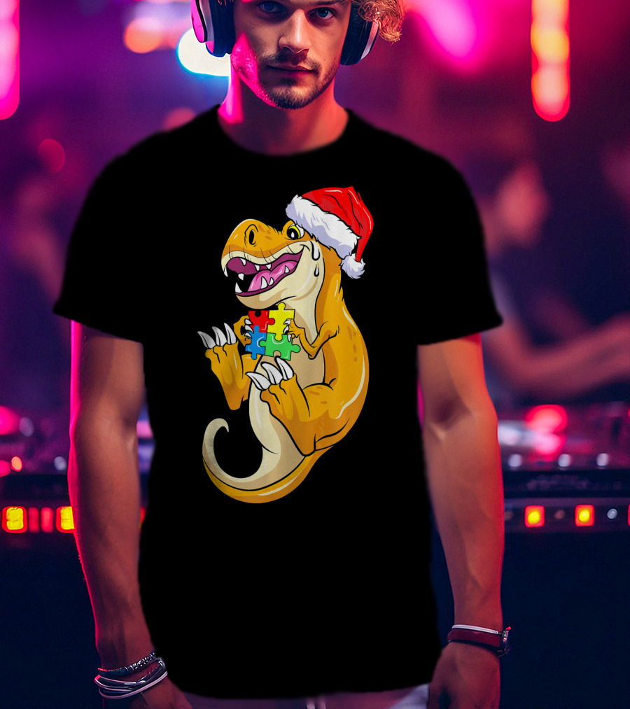 Christmas Autism Awareness Dinosaur Santa Hat Puzzle Pieces T-Shirt