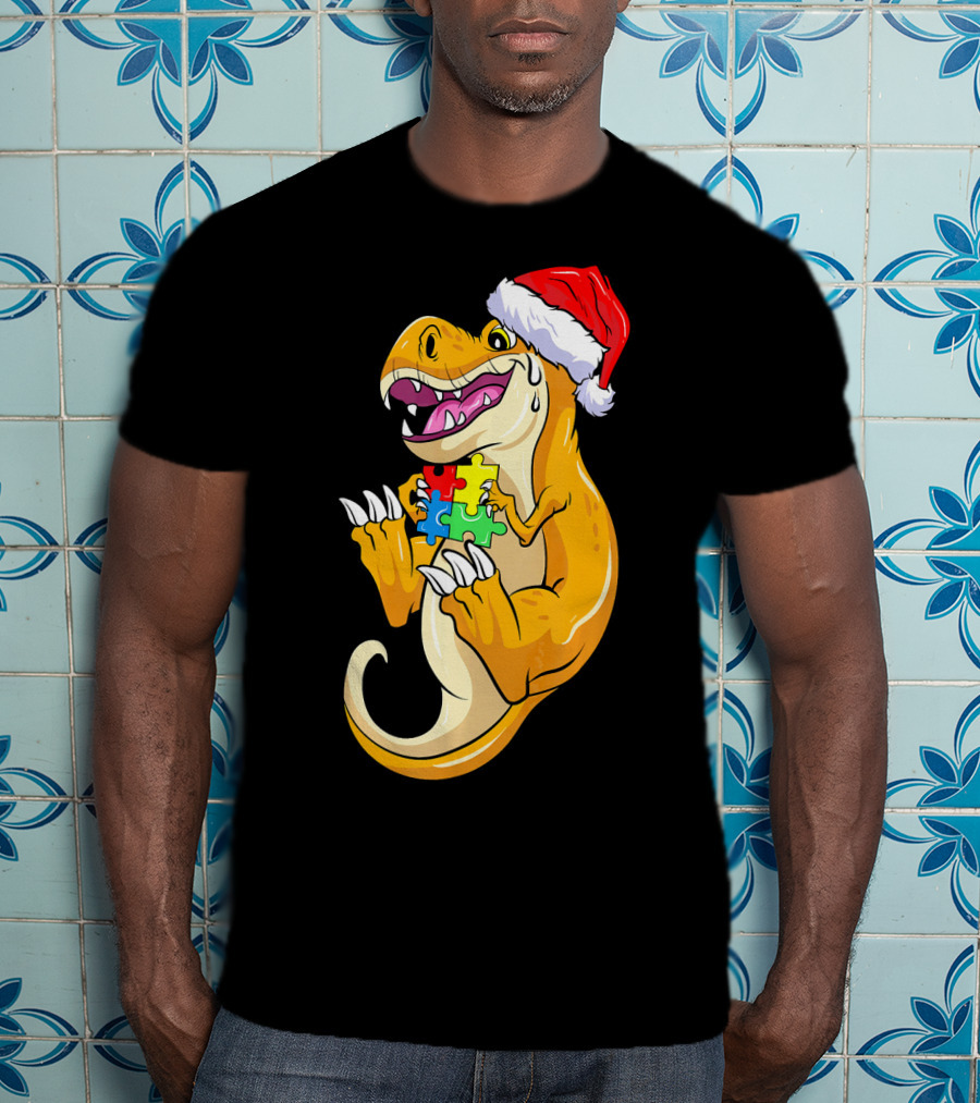 Christmas Autism Awareness Dinosaur Santa Hat Puzzle Pieces T-Shirt