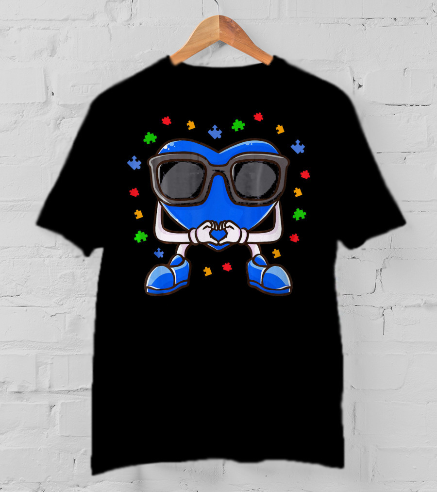 Autism Awareness Month Blue Heart Love Glasses Puzzle Pieces T-Shirt