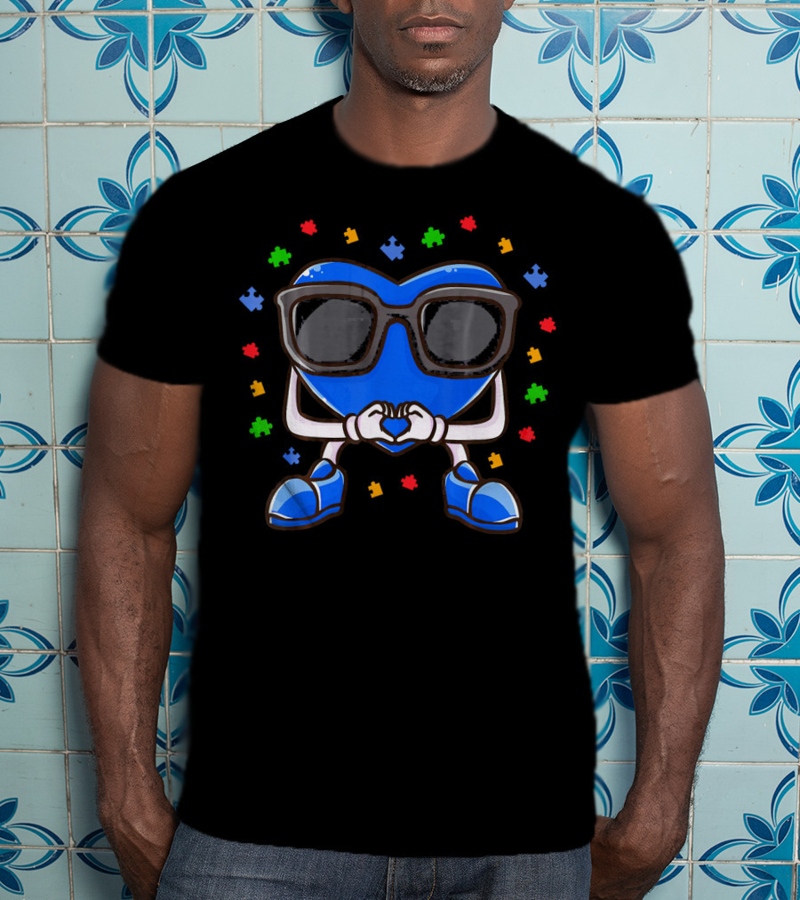Autism Awareness Month Blue Heart Love Glasses Puzzle Pieces T-Shirt