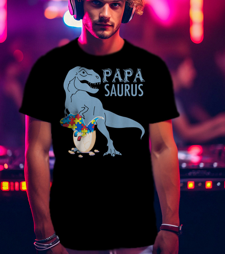 Papasaurus Autism Awareness Dinosaur Puzzle Pieces T-Shirt