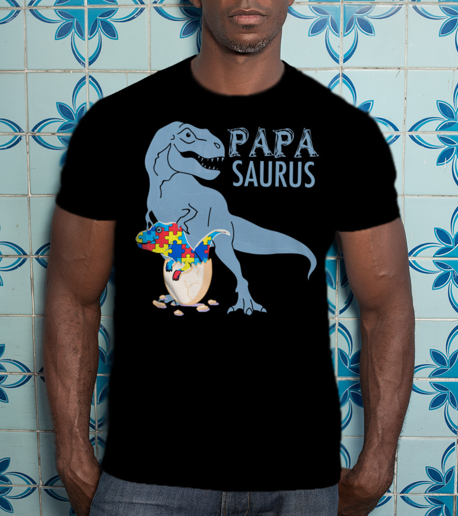 Papasaurus Autism Awareness Dinosaur Puzzle Pieces T-Shirt