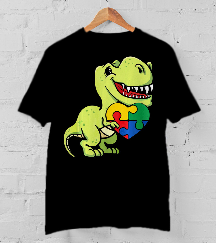 Autism Awareness Day Dinosaur T-Rex Holding Puzzle Heart T-Shirt