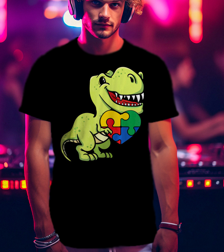 Autism Awareness Day Dinosaur T-Rex Holding Puzzle Heart T-Shirt