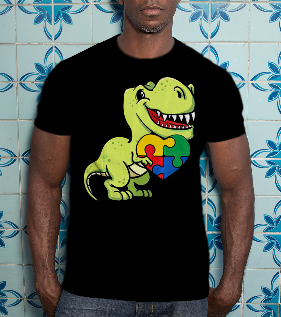 Autism Awareness Day Dinosaur T-Rex Holding Puzzle Heart T-Shirt