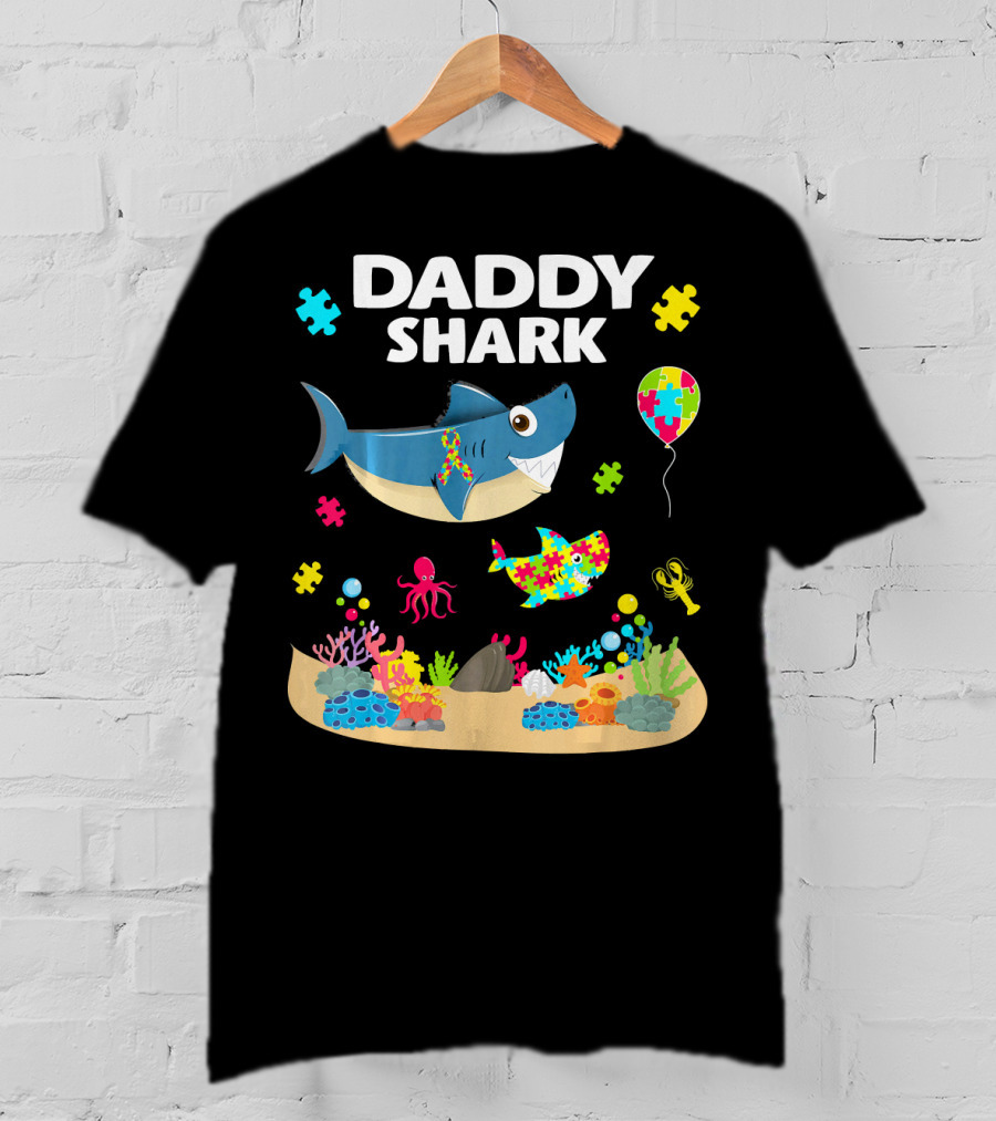 Daddy Shark Funny Autism Awareness Underwater Scene With Balloons And Puzzle Pieces T-Shirt