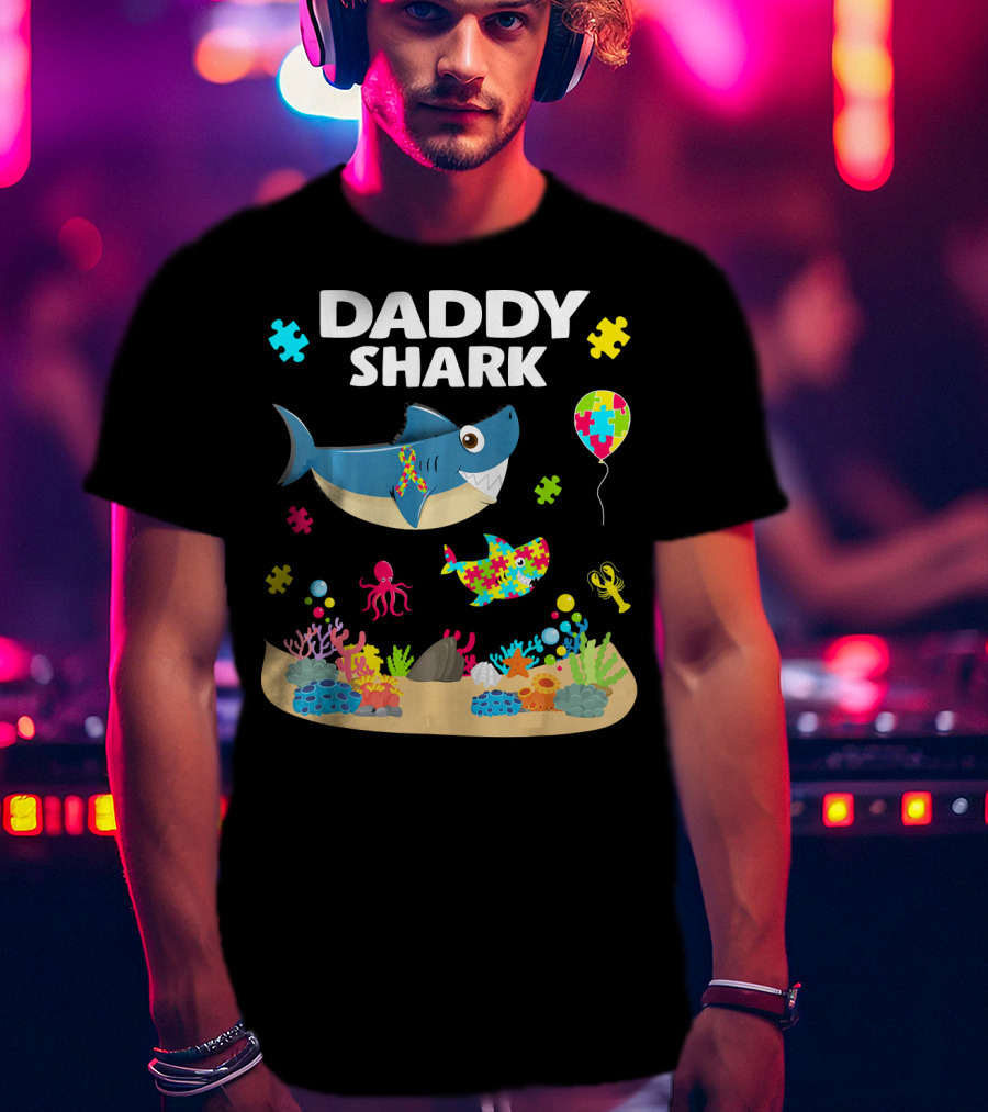Daddy Shark Funny Autism Awareness Underwater Scene With Balloons And Puzzle Pieces T-Shirt