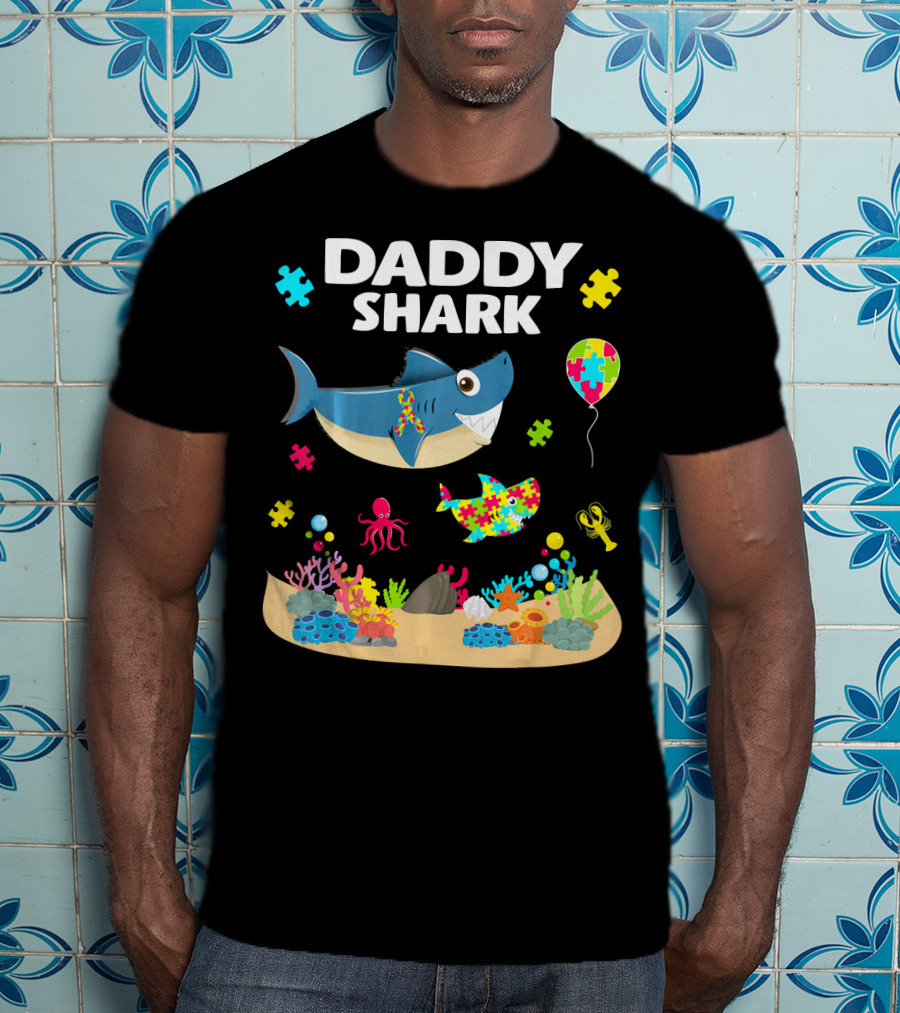 Daddy Shark Funny Autism Awareness Underwater Scene With Balloons And Puzzle Pieces T-Shirt
