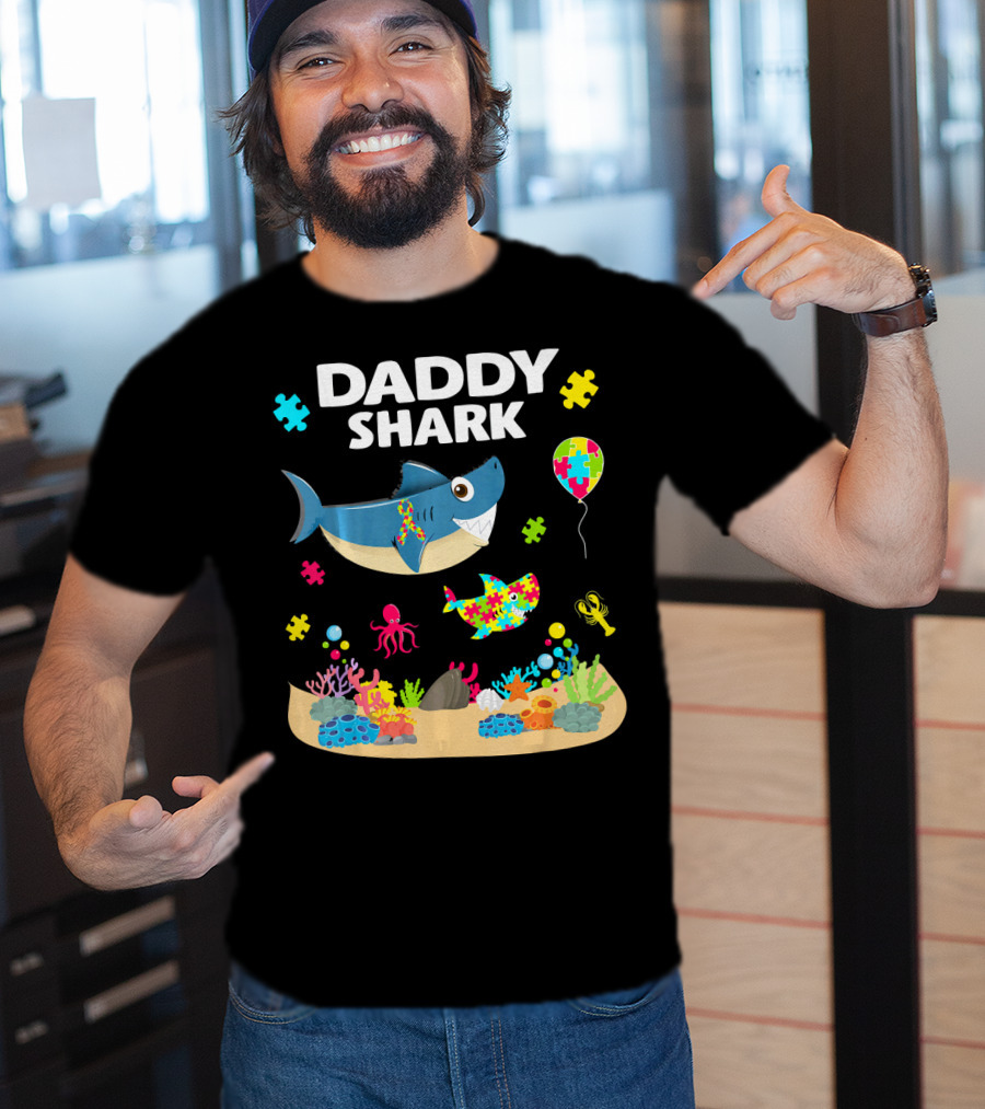 Daddy Shark Funny Autism Awareness Underwater Scene With Balloons And Puzzle Pieces T-Shirt