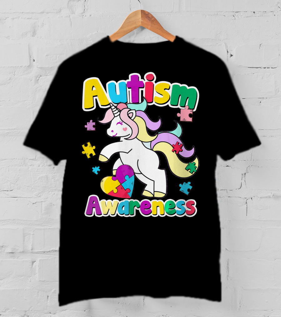 Autism Awareness Unicorn Puzzle Pieces Rainbow Heart T-Shirt