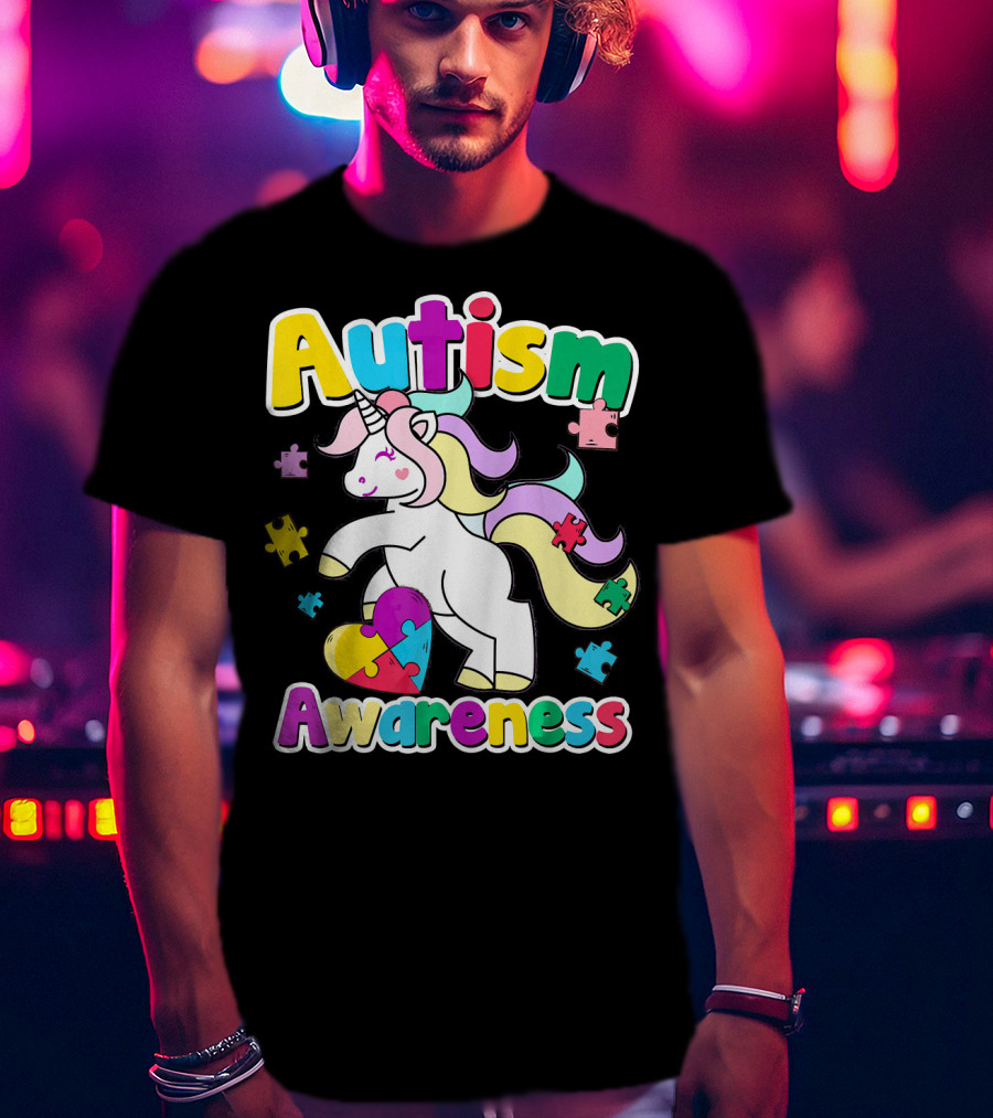 Autism Awareness Unicorn Puzzle Pieces Rainbow Heart T-Shirt