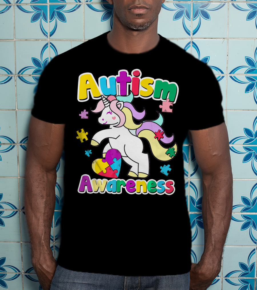 Autism Awareness Unicorn Puzzle Pieces Rainbow Heart T-Shirt