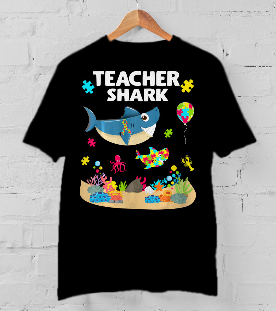 Teacher Shark Autism Awareness Ocean Puzzle Balloon Coral T-Shirt