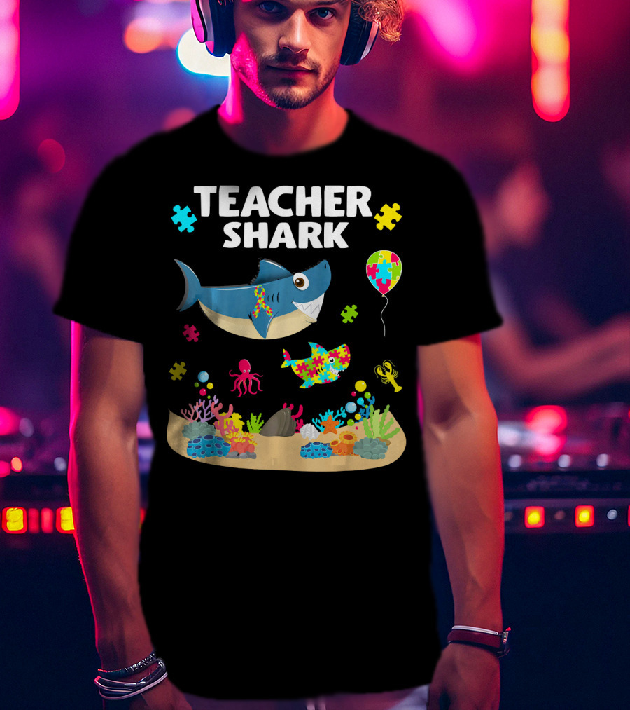 Teacher Shark Autism Awareness Ocean Puzzle Balloon Coral T-Shirt