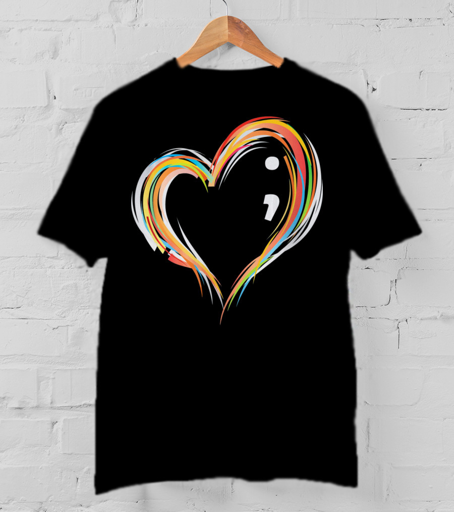 Heart Semicolon Rainbow Design For Mental Health Awareness T-Shirt
